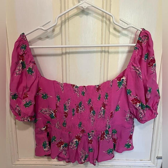 Zara Cropped Short Sleeve Floral Print Smocked Blouse X Large - Picture 7 of 8